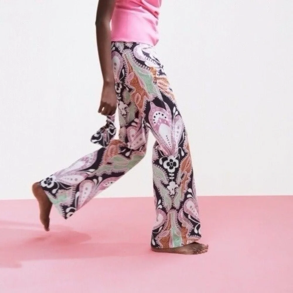 ZARA Linen Blend Floral Wide Leg Pants Size XS